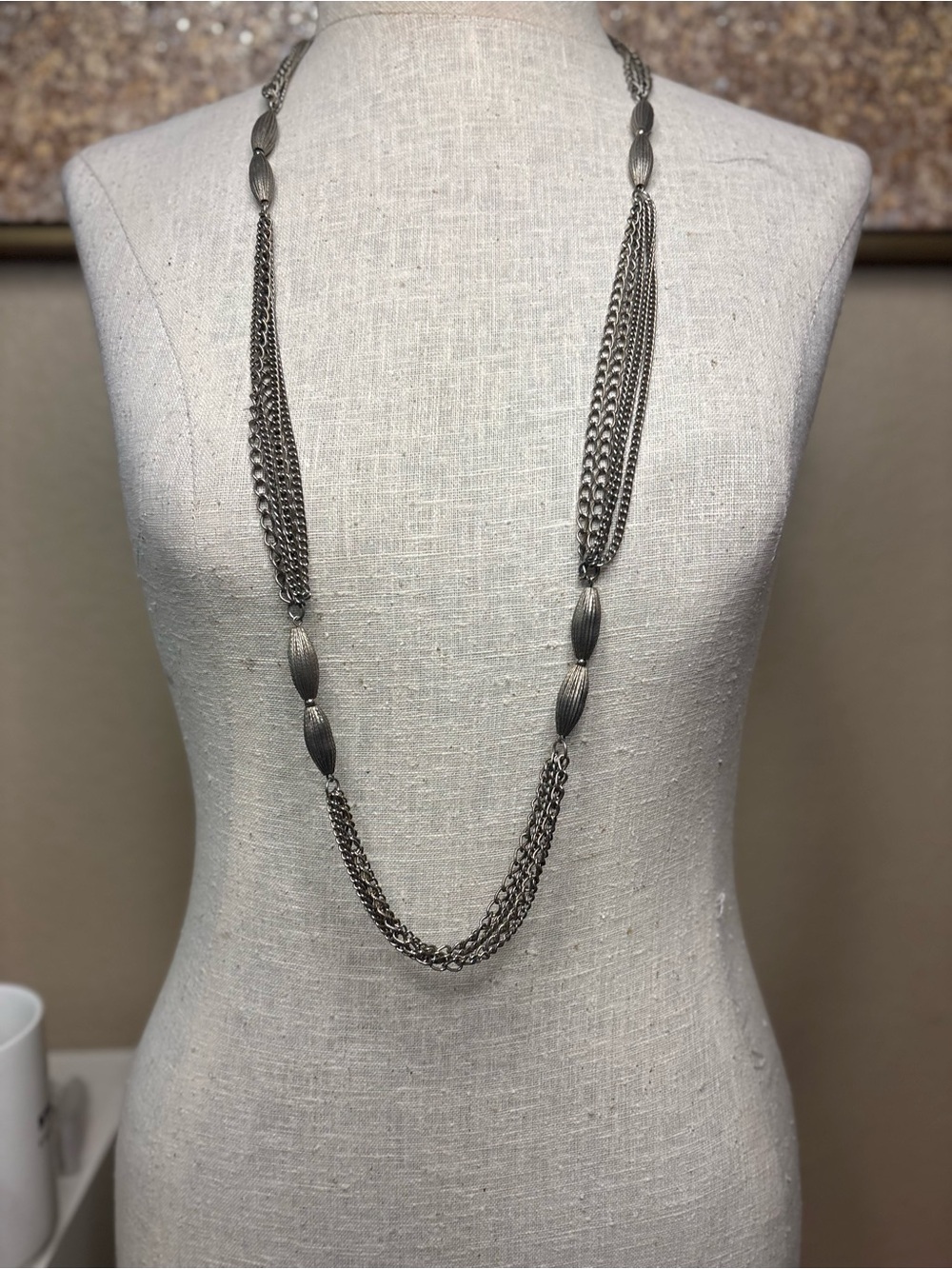 Vintage Multi Strand Silver Tone Rice Bead Chain Statement Necklace